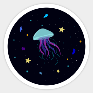 Light blue Jelly Fish in dark ocean artwork, deep ocean creatures , star fish , sparky ocean jelly fish , sea rocks Sticker